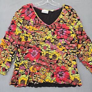 Patchington Women Shirt Size L Yellow Preppy Boho Floral Grunge Rips 3/4 Sleeves